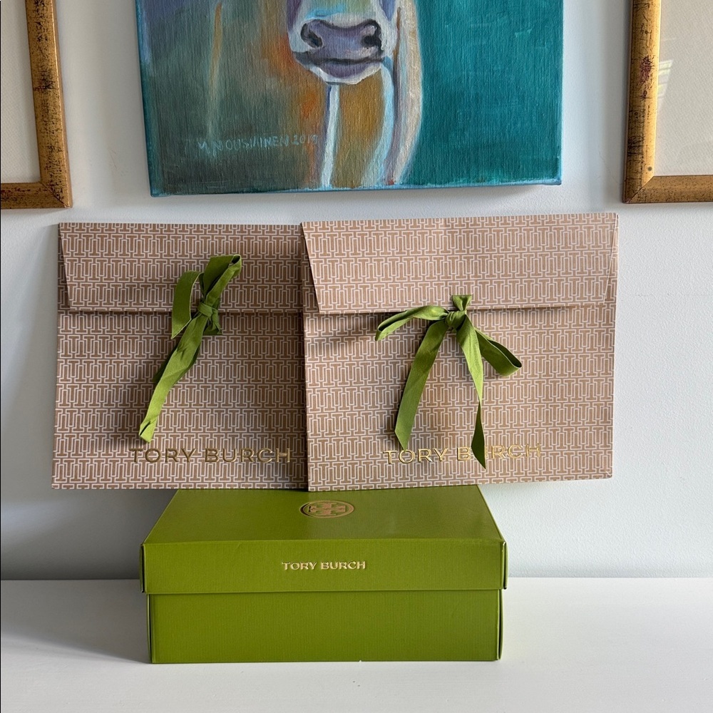 Tory Burch Brown Gift Bags with Green Ribbon and Shoe Box (3)